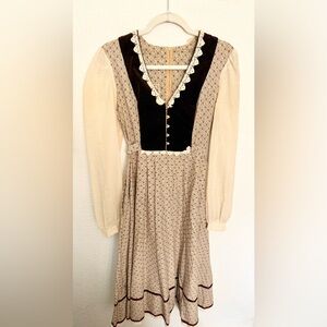 Gunne Sax Vintage 70s Calico Floral Velvet Lace Puffed Sleeve Prairie Midi Dress